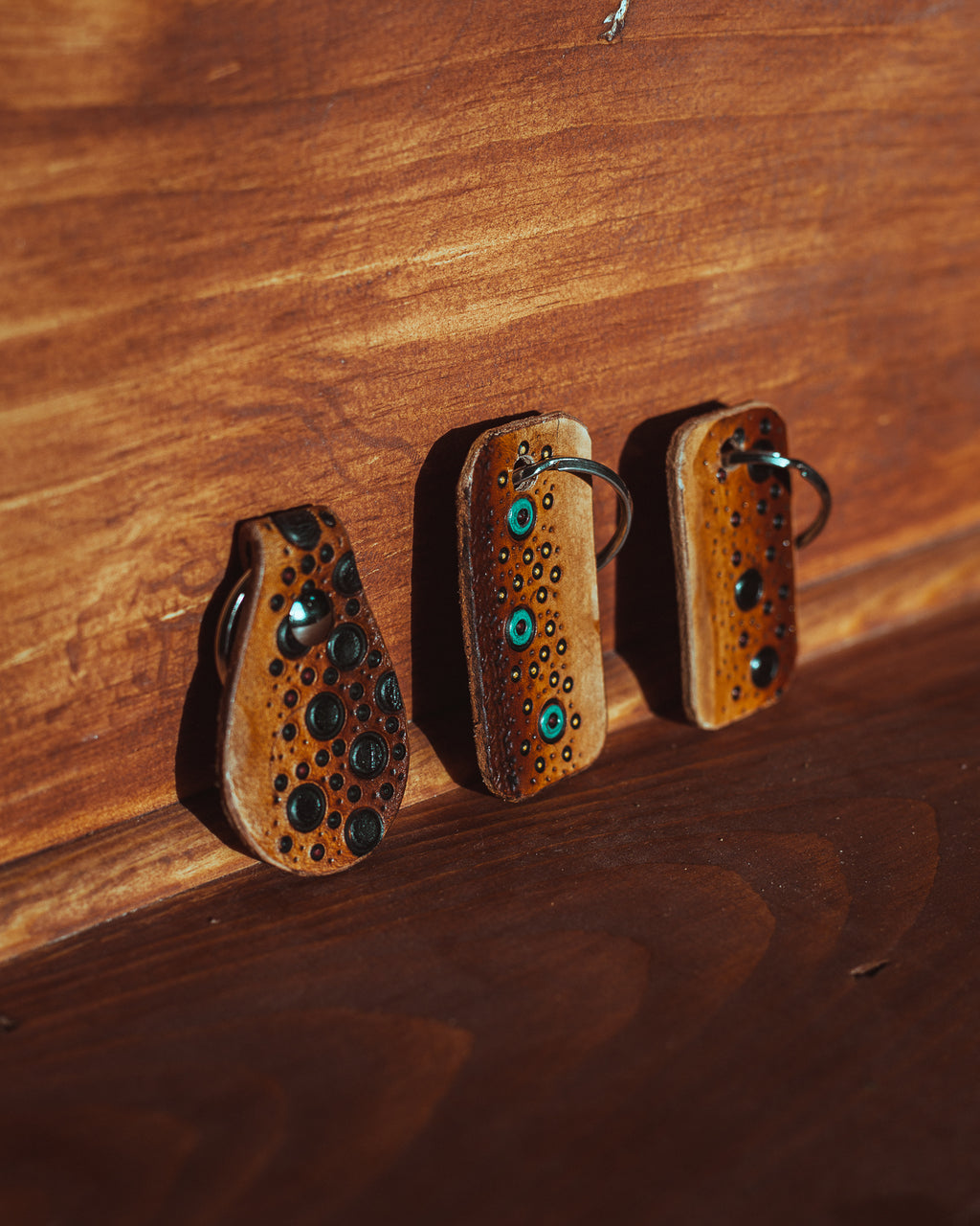 Leather key chain tag with trout stamp detail – oil finished