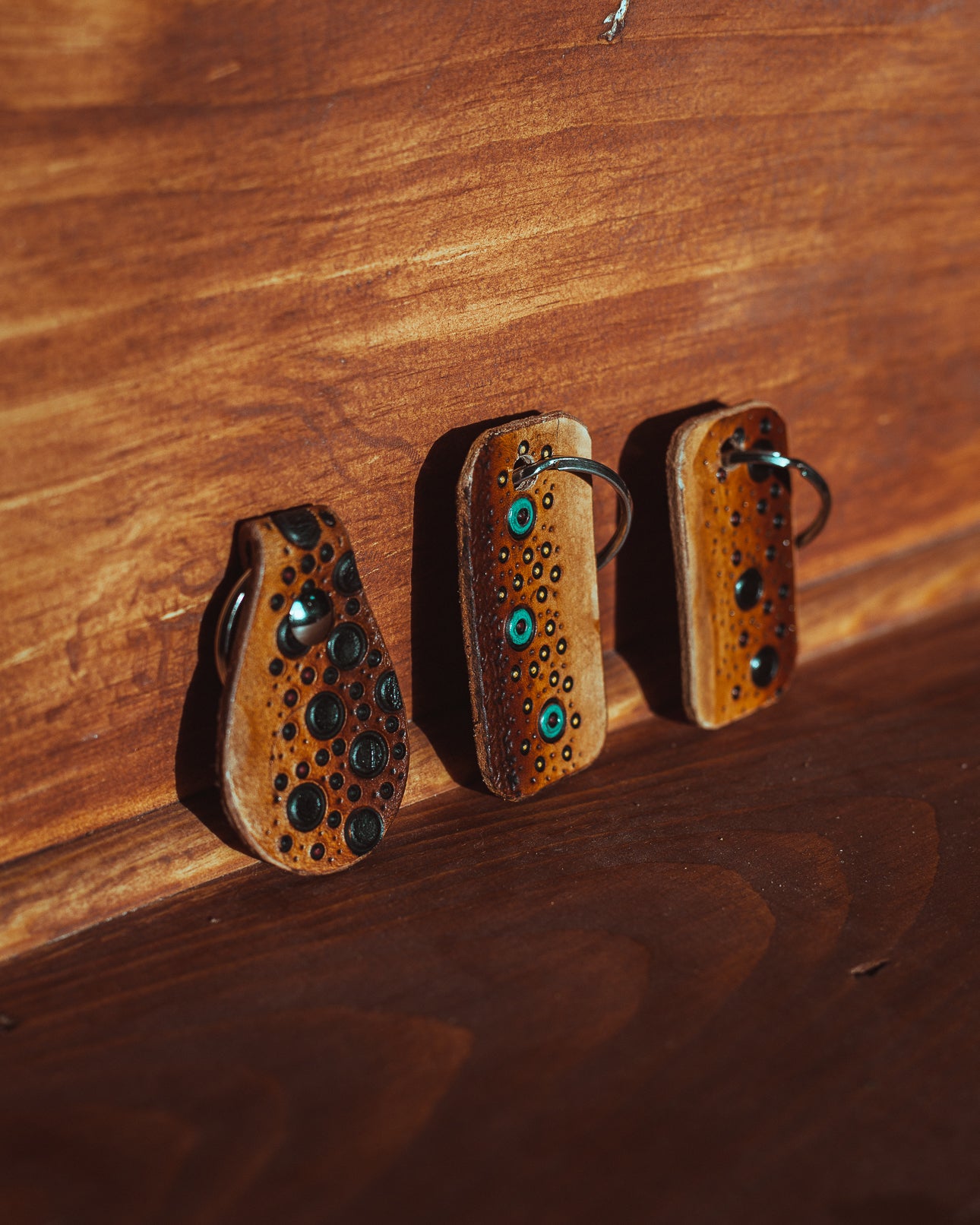 Leather key chain tag with trout stamp detail – oil finished