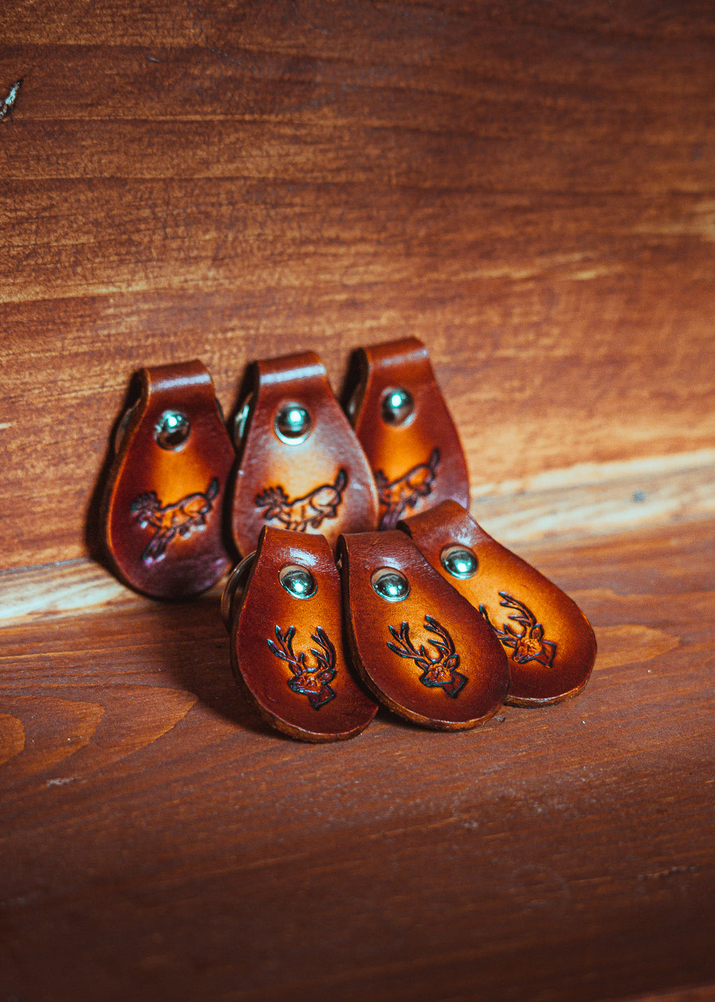 Leather key chain tags with deer mount stamp – Adirondack made