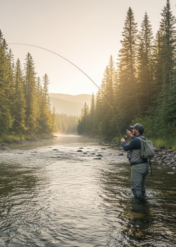 a fly angler casting on a northern maine river