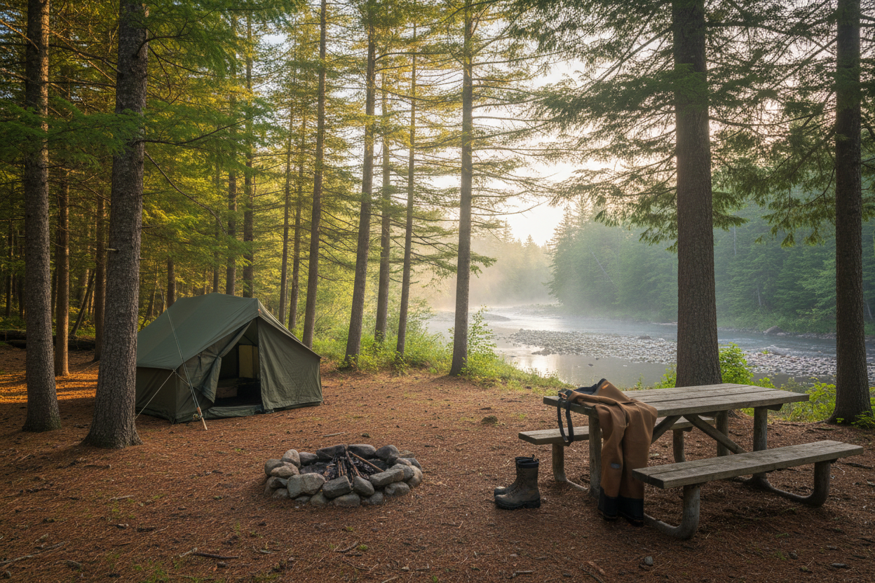 A wooded scene, riverside, in a mixed confierous forest like the great woods of northern maine. A soft early morning glow basks on a campsite with a tent pitched, a round fire pit with charred log remains, and a picnic table with fly fishing waders laying on it, wading boots on the ground next to the table. An aire of anticipation can be felt through the scene